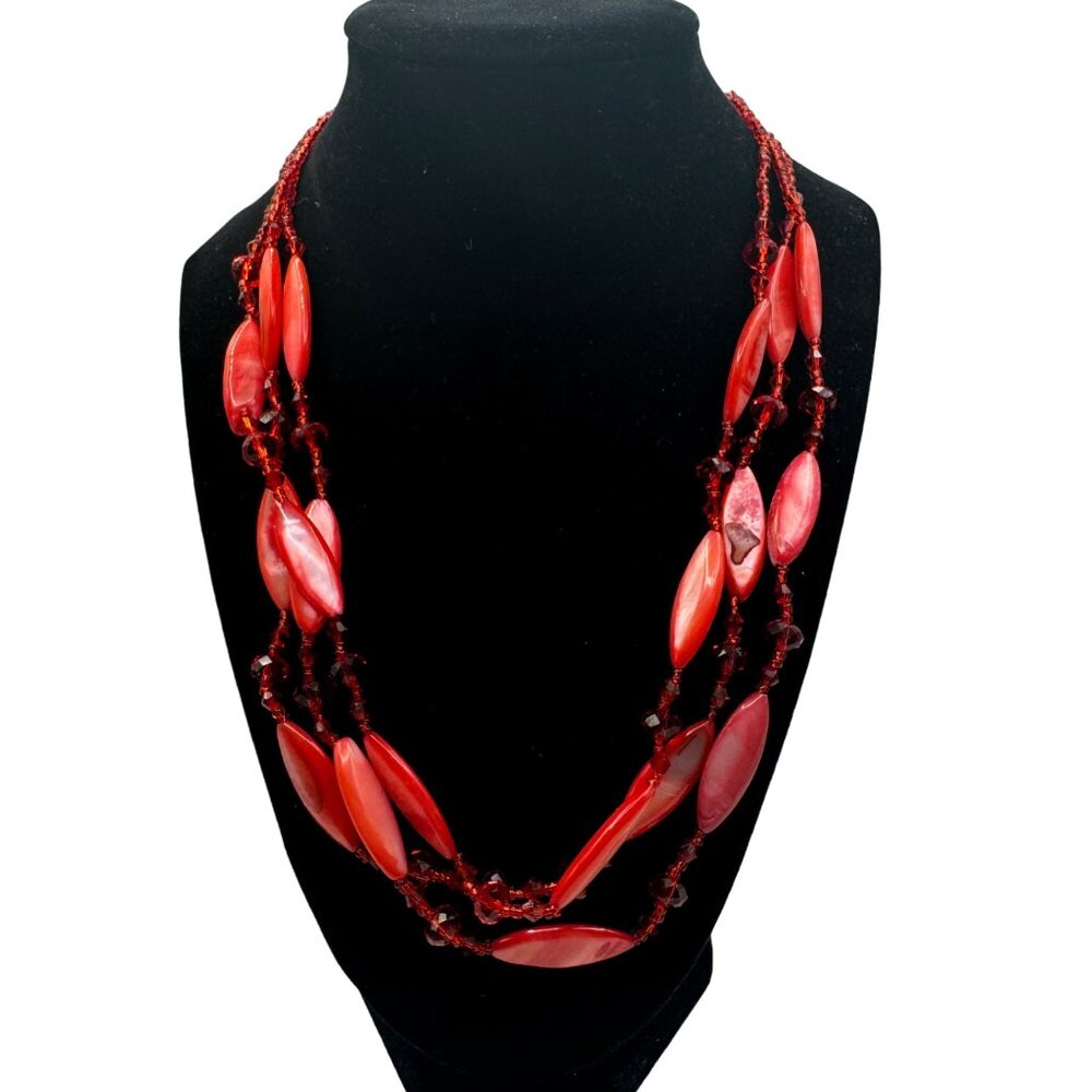 Vintage Red Beaded Multi-Strand Shell Necklace